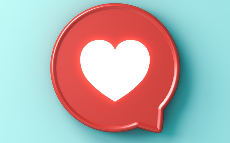 Bilde av rød snakkeboble, hvitt hjerte